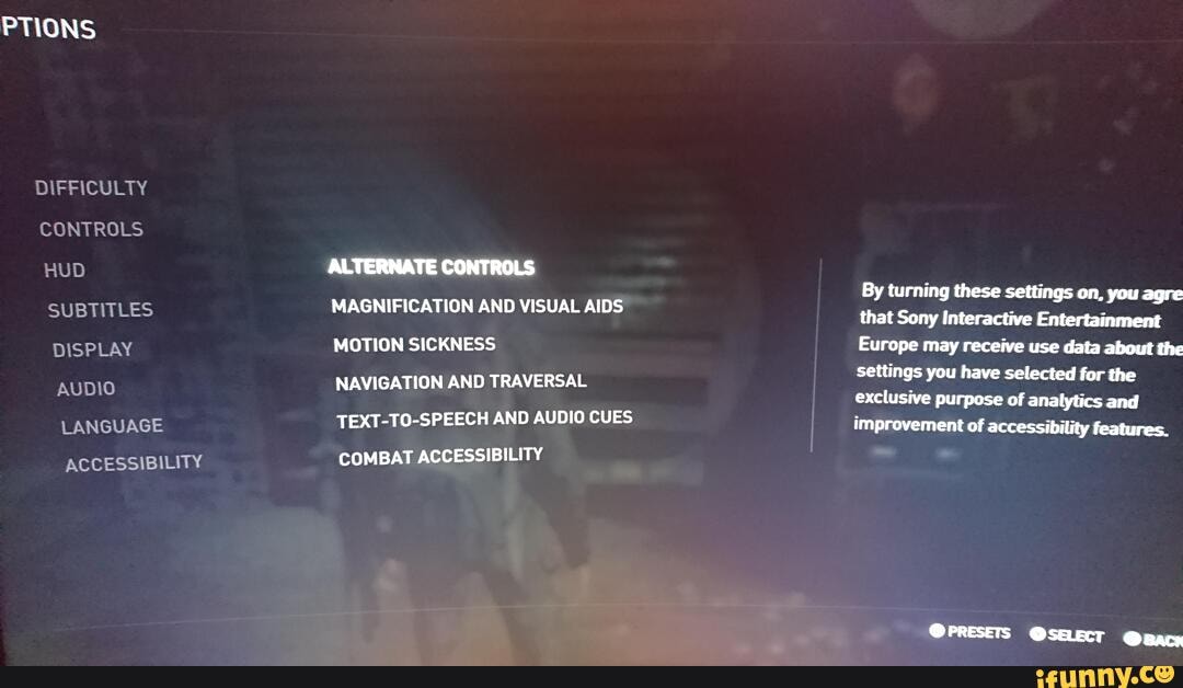 PTIONS DIFFICULTY CONTROLS HUD SUBTITLES DISPLAY AUDIO LANGUAGE ACCESSIBILITY MAGNIFICATION AND