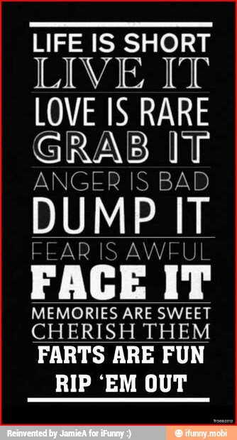 LIFE IS SHORT
LIVE IT
LOVE IS RARE
GRAB IT
ANGER IS BAD
DUMP IT
FEAR IS AWFUL
FACE IT
MEMORIES ARE SWEET
CHERISH THEM
FARTS ARE FUN
RIP 'EM OUT