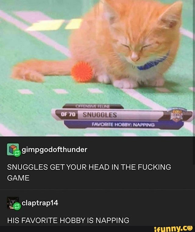 SNUGGLES GET YOUR HEAD IN THE FUCKING GAME
claptrapi4
HIS FAVORITE HOBBY IS NAPPING