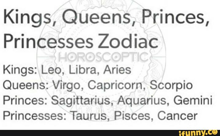 Kings, Queens, Princes,
Princesses Zodiac
Kings: Leo, Libra, Aries
Queens: Virgo, Capricorn, Scorpio
Princes: Sagittarius, Aquarius. Gemini
Princesses: Taurus, Pisces, Cancer