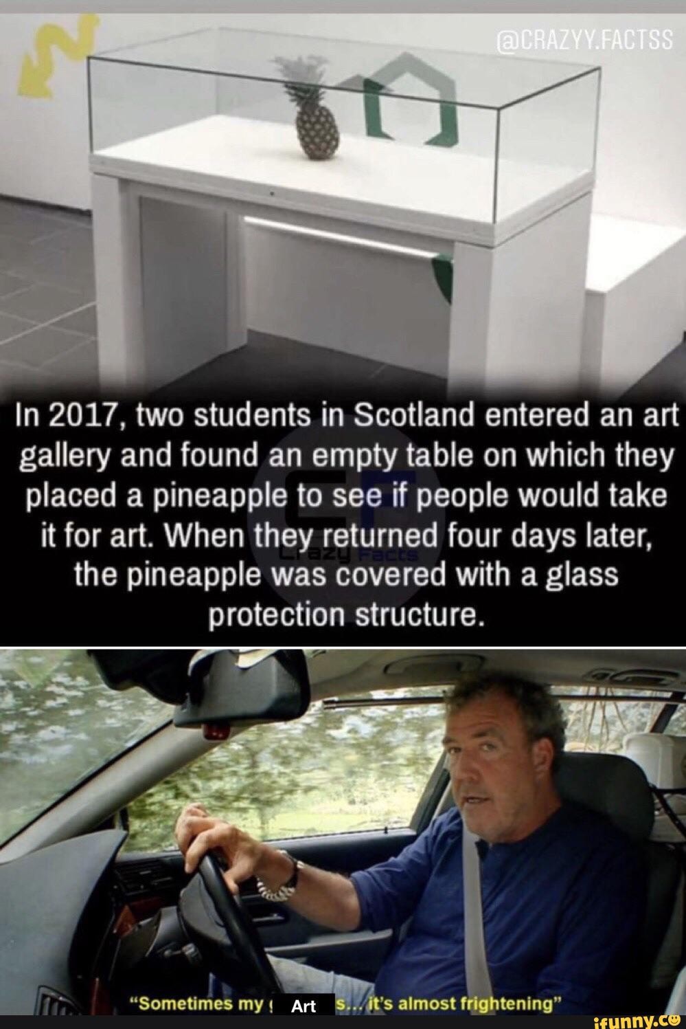 In 2017, two students in Scotland entered an art gallery and found an empty table on which they placed a pineapple to see if people would take it for art. When they returned four days later, the pineapple was covered with a glass
protection structure.
"Sometimes my( Art almost frightening"