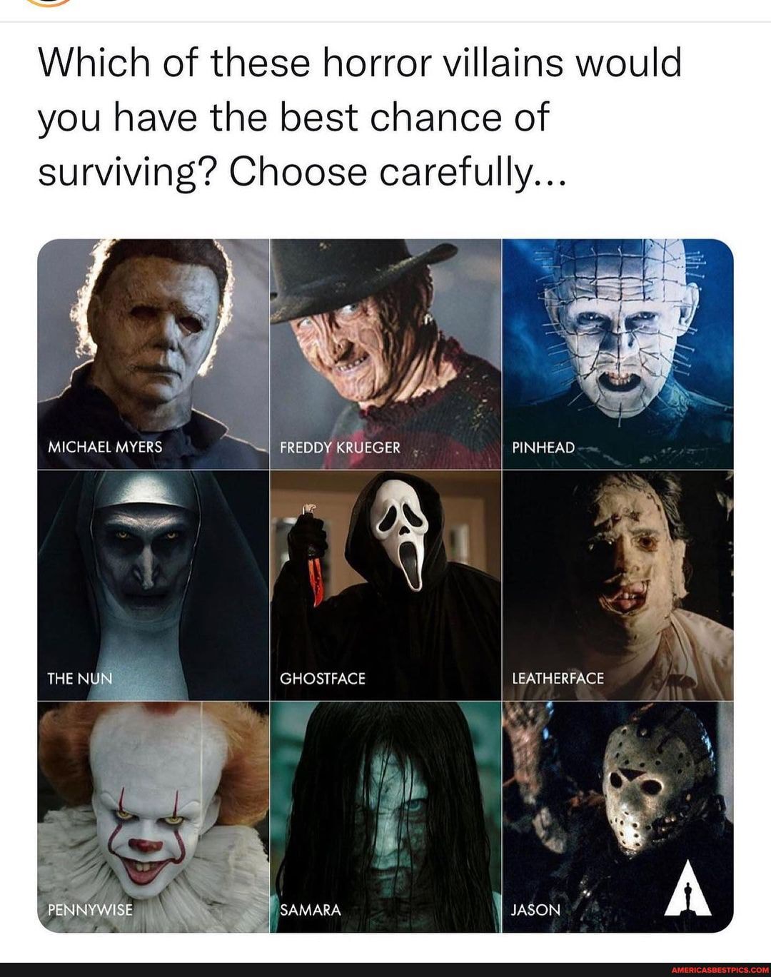 Which Of These Horror Villains Would You Have The Best Chance Of Surviving Choose Carefully Michael Myers Freddy Krueger We Ghostface The Pennywise Pinhead Leatherface America S Best Pics And Videos