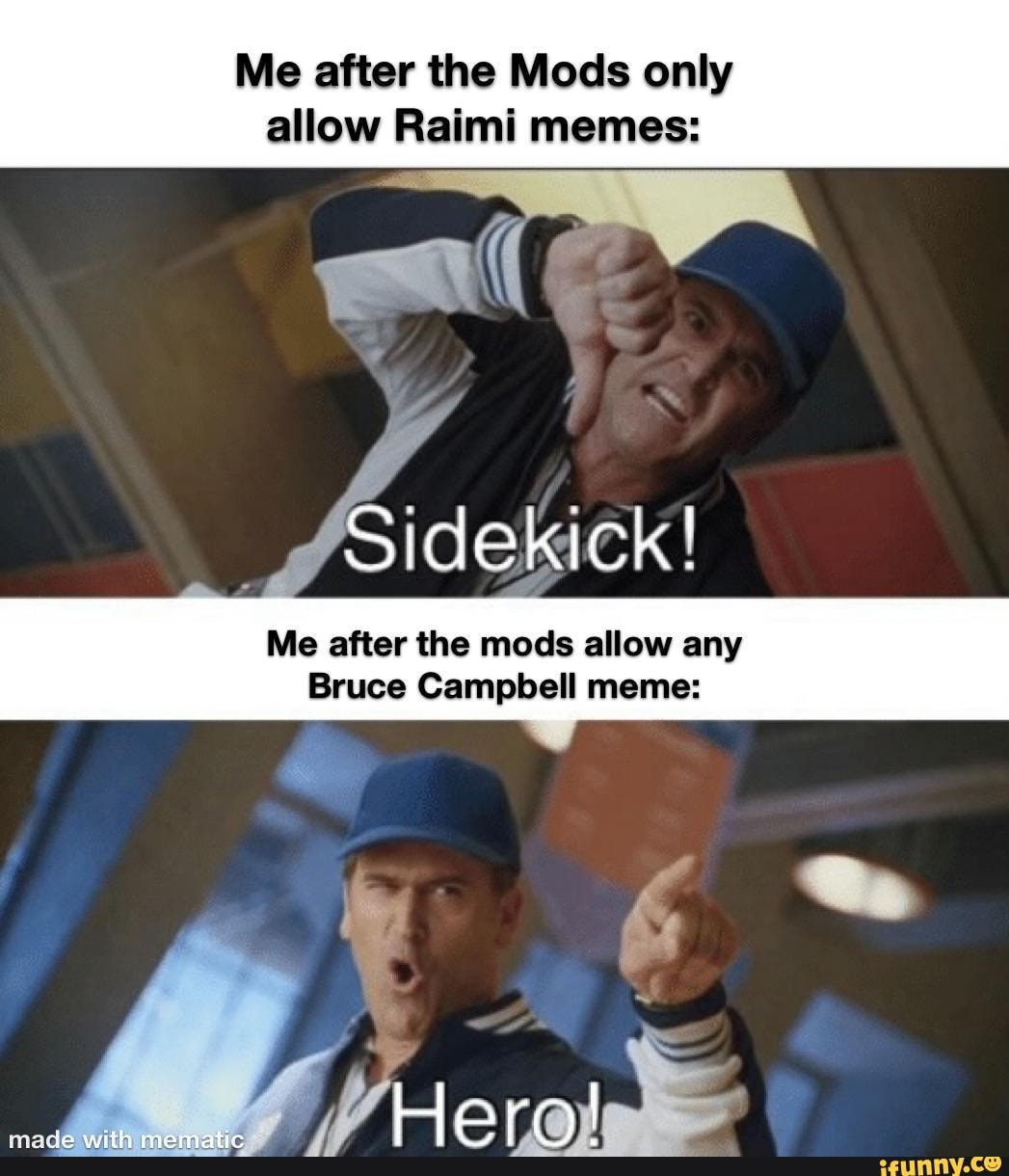 Me after the Mods only allow Raimi memes Sidekick! Me after the mods allow any Bruce Campbell