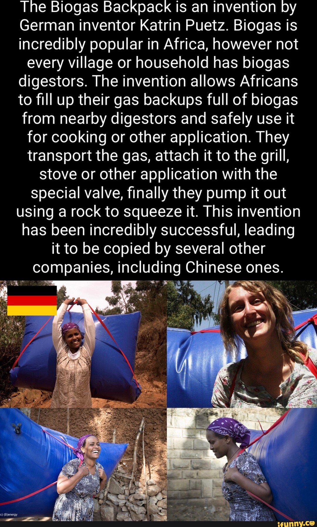The Biogas Backpack is an invention by German inventor Katrin Puetz