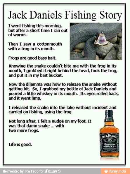 Jack Daniels Fishing Story
went fishing this morning,
but after a short time I ran out
of worms,
Then I saw a cottonmouth
with
a frog in its mouth.
Frogs are good bass bait.
Knowing the snake couldn't bite me with the frog in its
mouth, I grabbed it right behind the head, took the frog,
and put it in my bait bucket.
Now the dilemma was how to release the snake without
getting bit. So, I grabbed my bottle of Jack Daniels and
poured a
little whiskey in its mouth. Its eyes rolled back,
and it went limp.
I released the snake into the lake without incident and
carried on fishing, using the frog.
Not long after, I felt a nudge on my foot. It
was that damn snake
with
two more frogs.
Life is good.