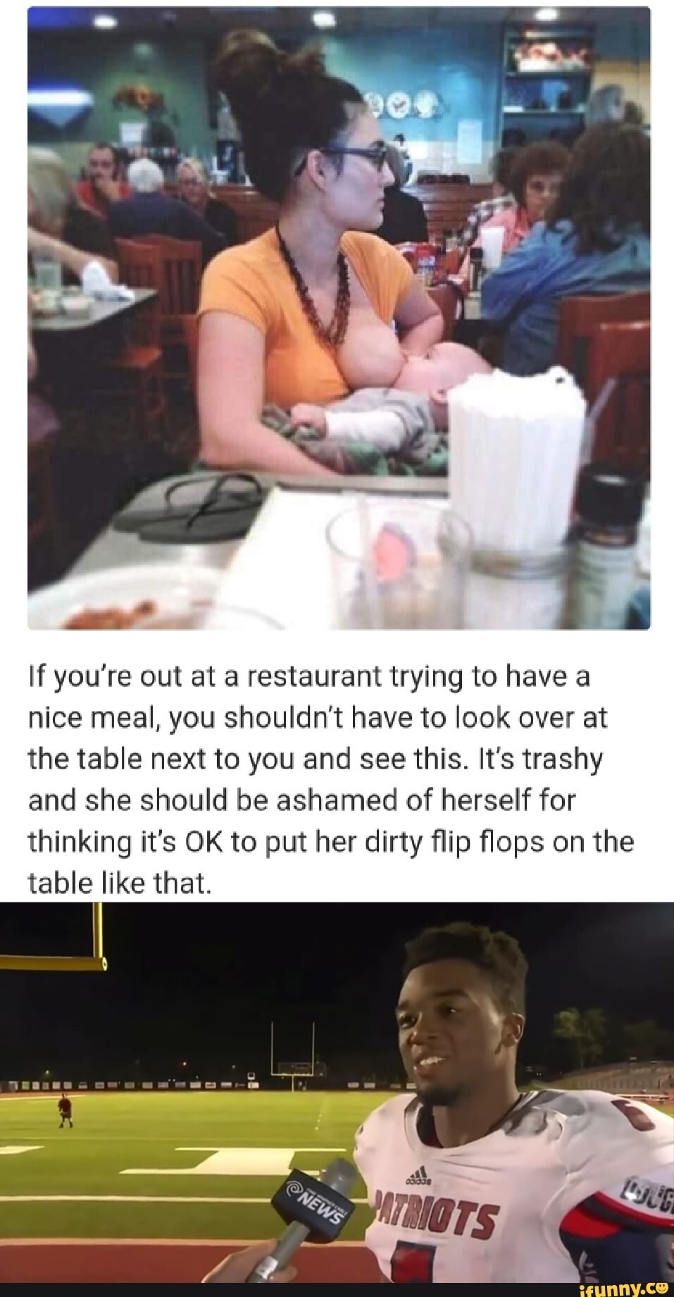 If you're out at a restaurant trying to have a nice meal, you shouldn't have to look over at the table next to you and see this. It's trashy and she should be ashamed of herself for thinking it's OK to put her dirty flip flops on the table like that.
