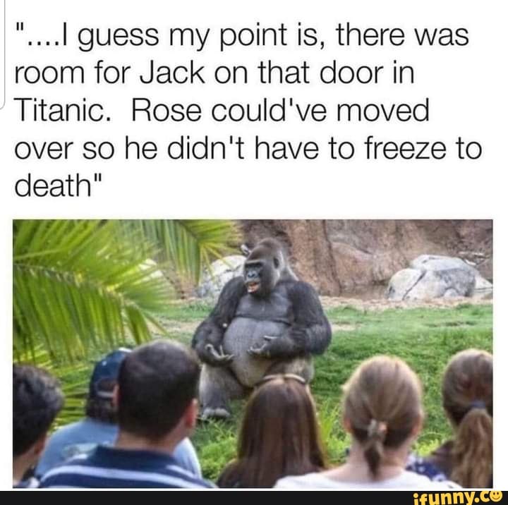"....1 guess my point is, there was room for Jack on that door in
Titanic. Rose could've moved over so he didn't have to freeze to death"