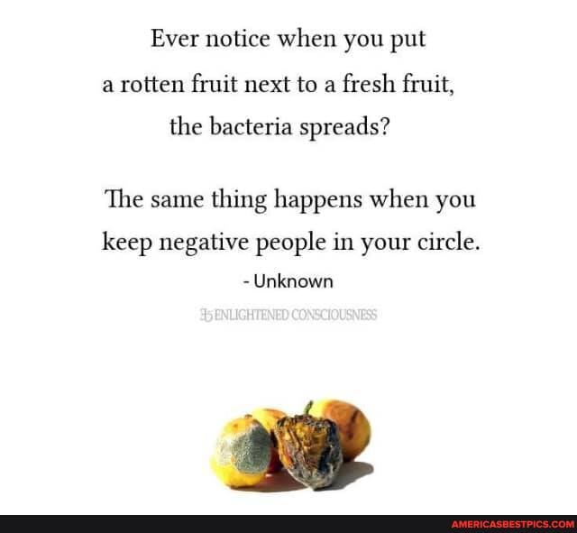 Ever notice when you put a rotten fruit next to a fresh fruit,
the bacteria spreads?
The same thing happens when you
keep negative people in your circle.
Unknown