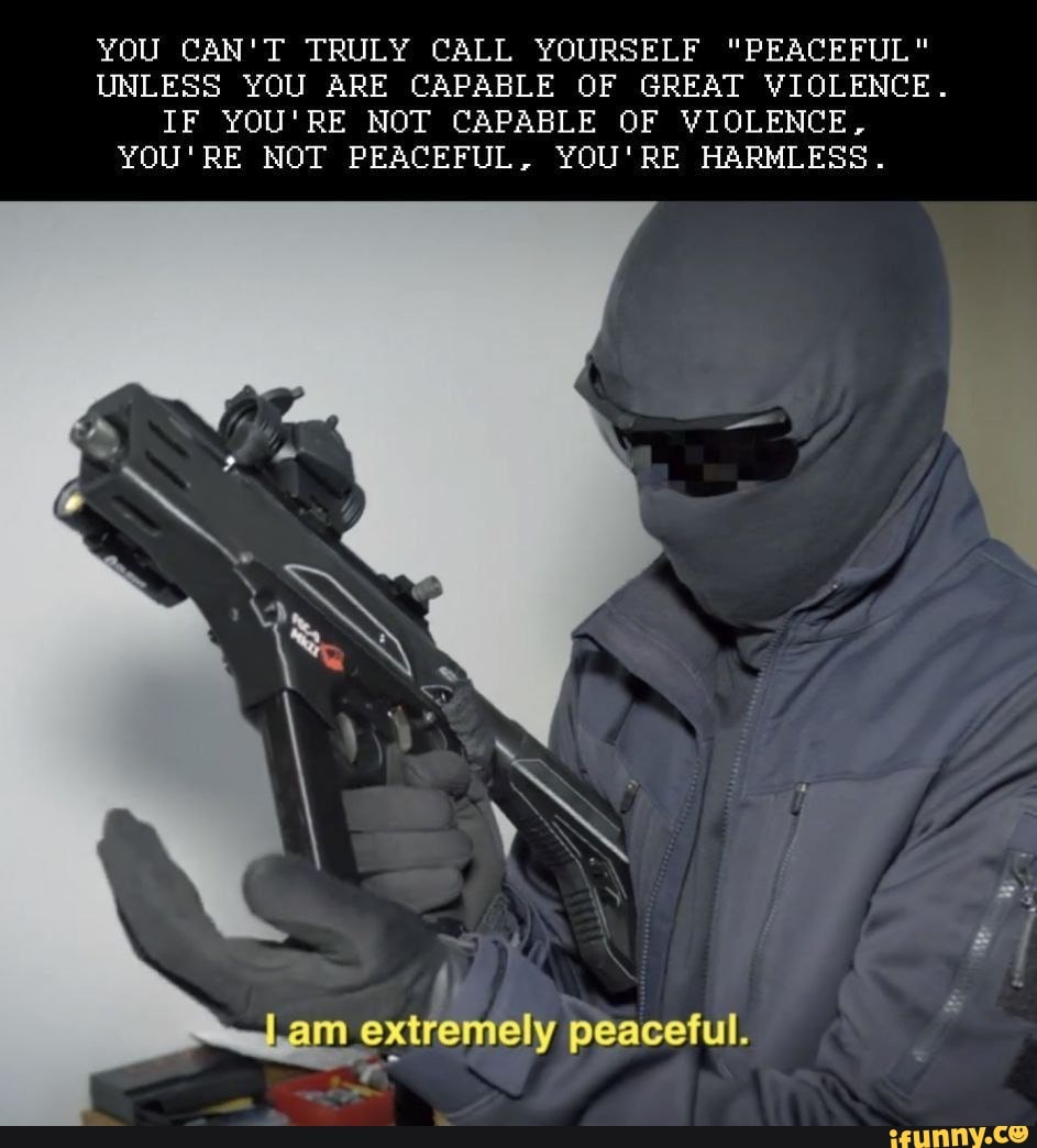YOU CAN'T TRULY CALL YOURSELF PEACEFUL UNLESS YOU ARE CAPABLE OF GREAT  VIOLENCE. IF YOU'RE NOT CAPABLE OF VIOLENCE, YOU'RE NOT PEACEFUL, YOU'RE  HARMLESS. am extremely peaceful. - iFunny