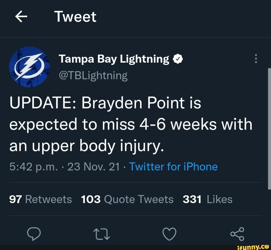 Brayden Point expected to miss 4 to 6 weeks with injury