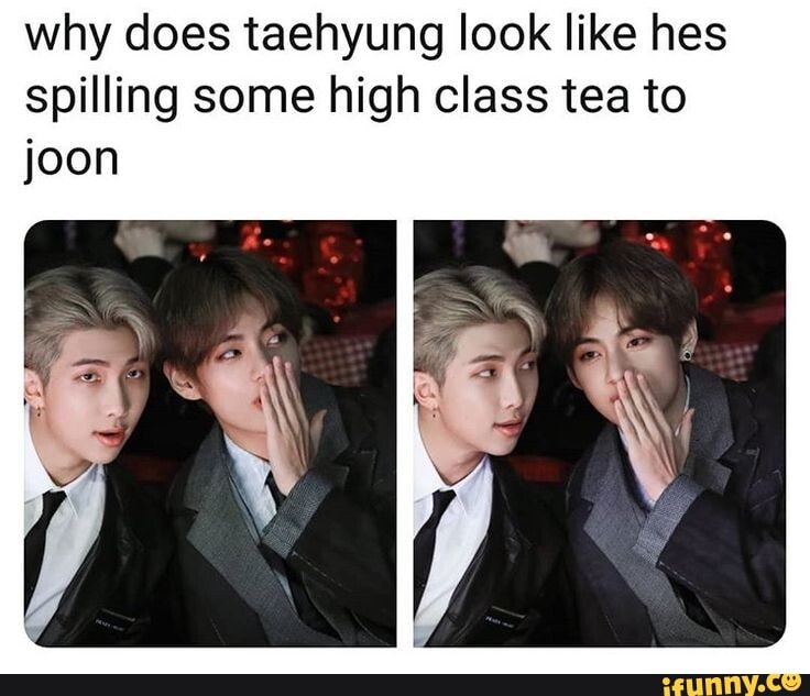 Why does taehyung look like hes spilling some high class tea to joon ...