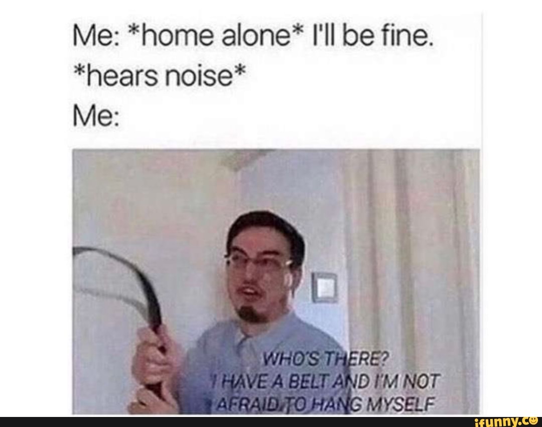 Me: *home alone I'll be fine.
*hears noise*
Me:
BELT AND
MYSELE