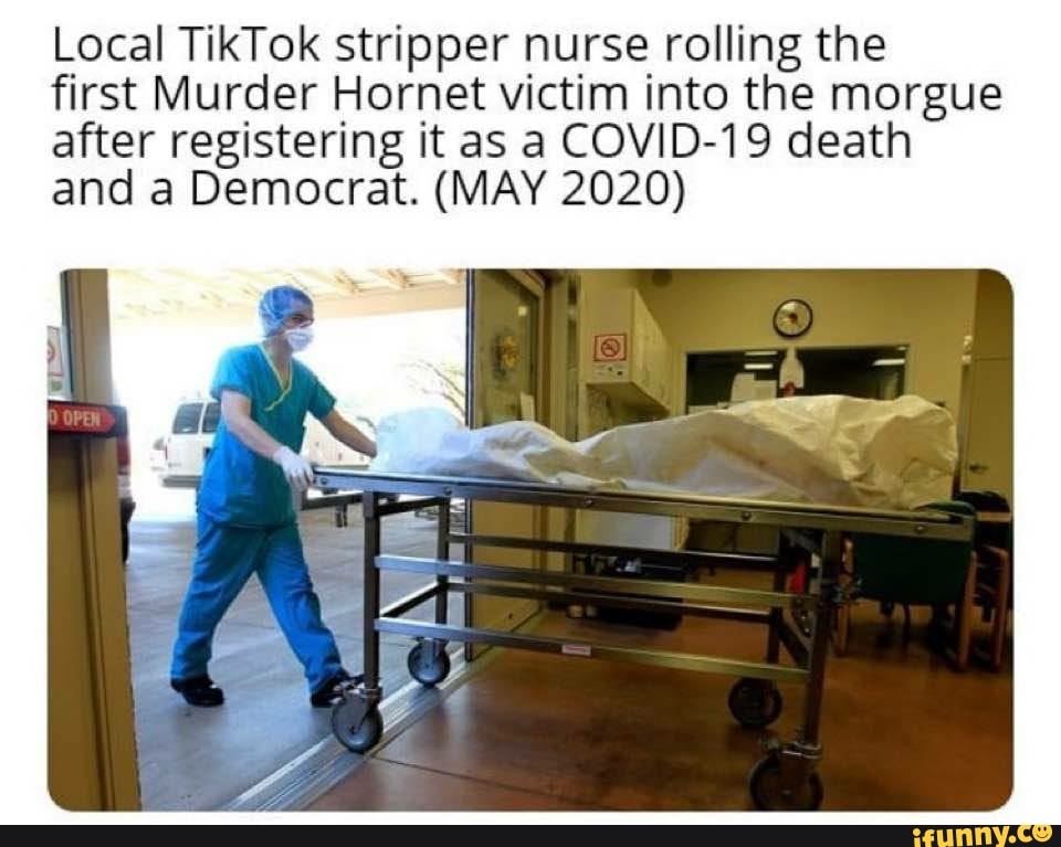 Local TikTok stripper nurse rolling the
first Murder Hornet victim into the morgue
after registering it as a COVID-19 death
and a Democrat. (MAY 2020)