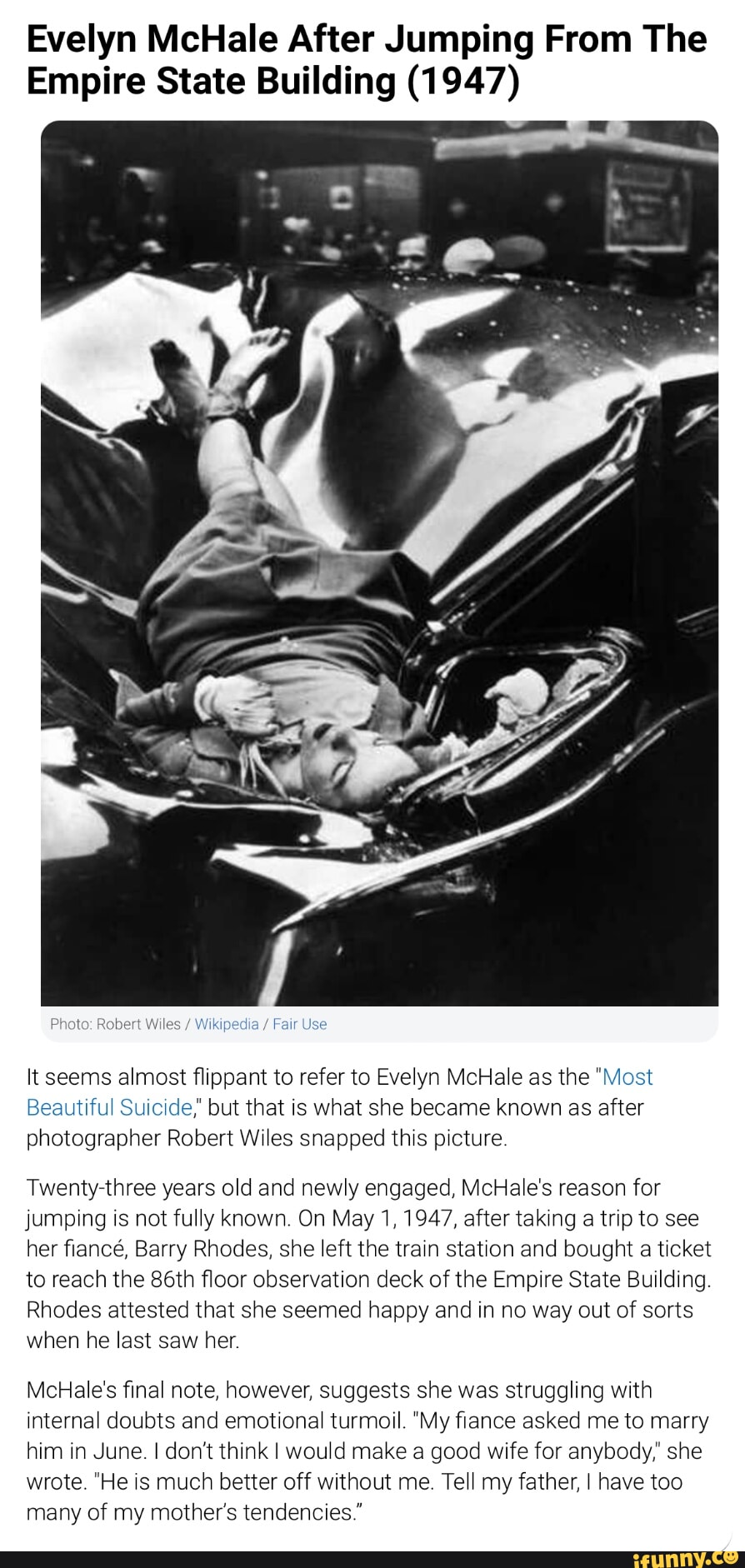Barry Rhodes Evelyn McHale After Jumping From The Empire State Building (1947) Photo ...