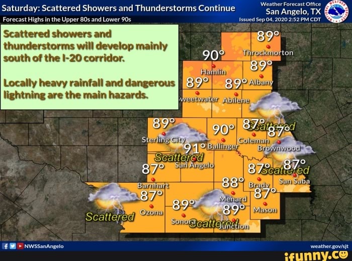 San Angelo, TX Saturday Scattered Showers and Thunderstorms Continue