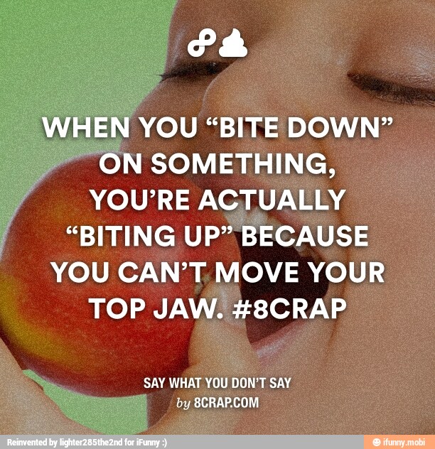 WHEN YOU "BITE DOWN" ON SOMETHING,
YOU'RE ACTUALLY
"BITING UP" BECAUSE
YOU CAN'T. MOVE YOUR
TOP JAW. #8CRAP
SAY WHAT YOU DON'T SAY
by 8CRAP.COM