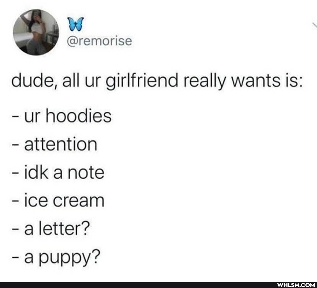dude, all ur girlfriend really wants is:
- ur hoodies
- attention
- idk note
- ice cream
- a letter?
- a puppy?