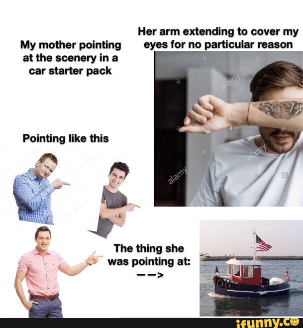 Her arm extending to cover my
My mother pointing eyes for no particular reason at the scenery ina car starter pack
Pointing like this
The thing she was pointing at: