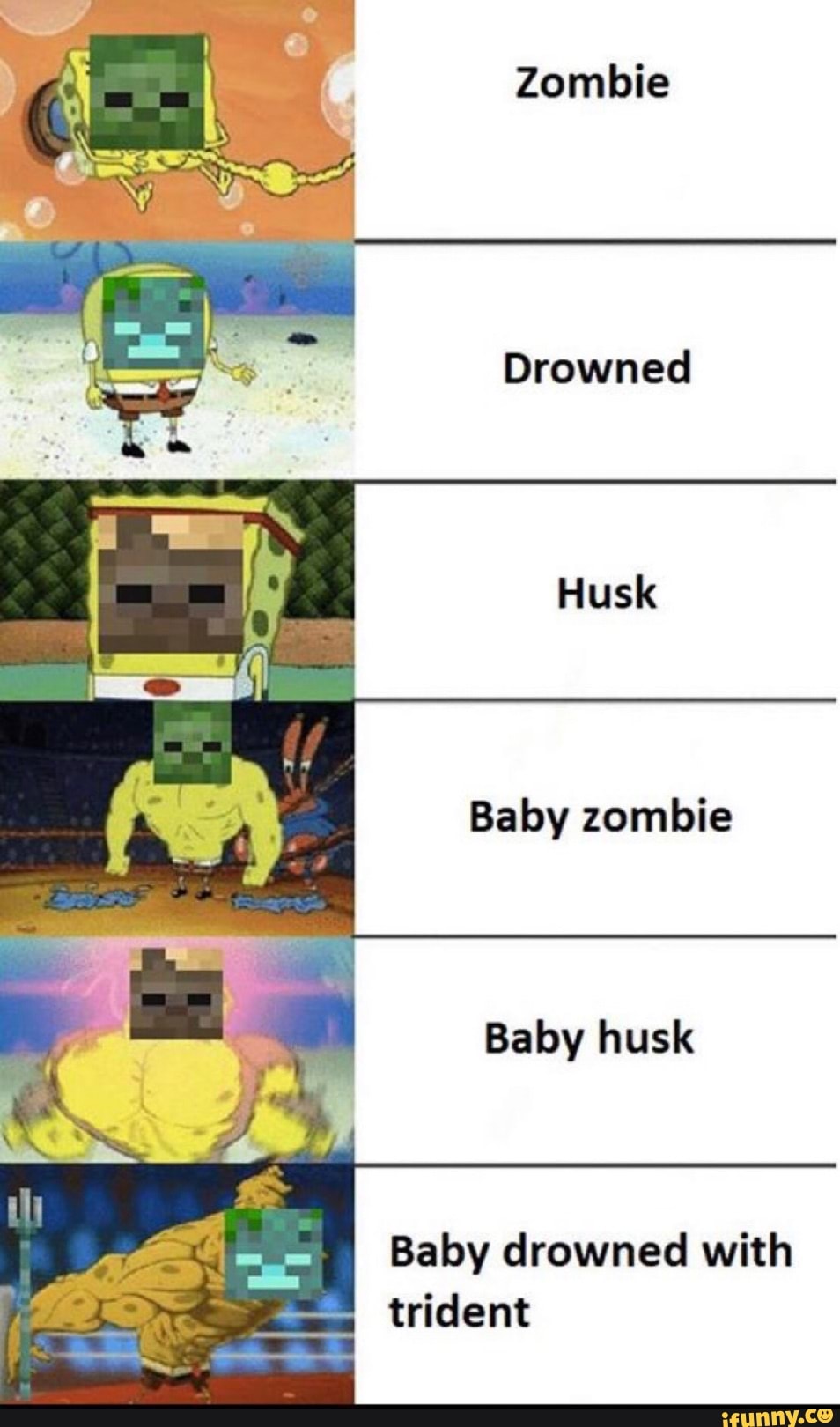 Zombie
Drowned
Baby zombie
Baby husk
Baby drowned with
à
trident