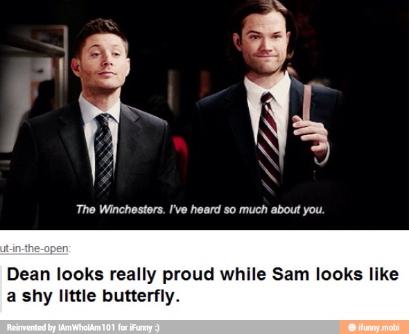 Dean looks really proud while Sam looks like
a shy little butterfly.