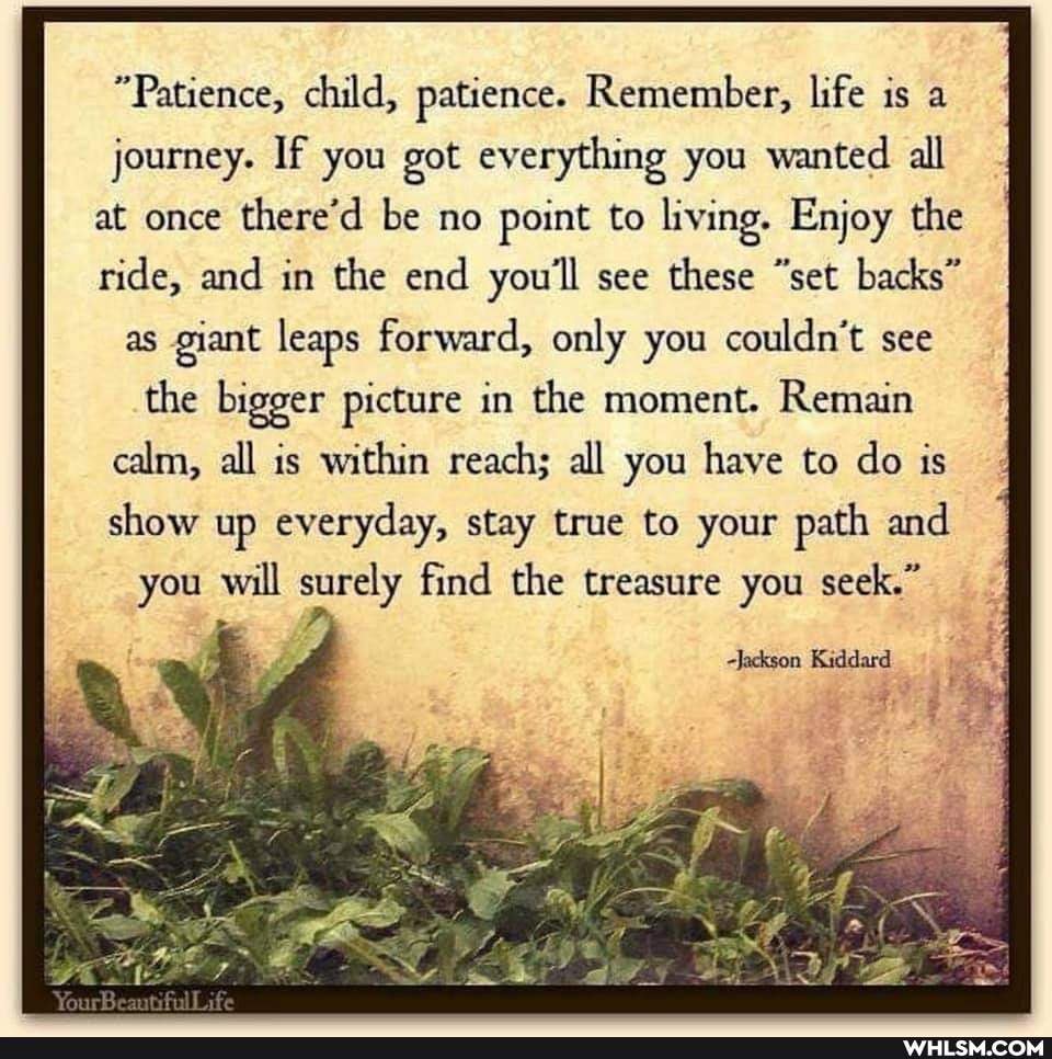 *Patience, child, patience. Remember, life is a
journey. If you got everything you wanted all
at once there'd be no point to living. Enjoy the ride, and in the end you'll see these "set backs" as giant leaps forward, only you couldn't see the bigger picture in the moment. Remain calm, all is within reach; all you have to do is show up everyday, stay true to your path and you will surely find the treasure you seek."
Your
-Jackson Kiddard