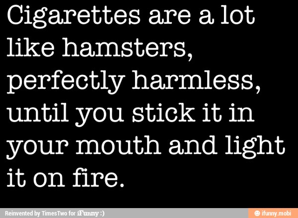 Cigarettes are a lot
like hamsters,
perfectly harmless,
until you stick it in
your mouth and light
it on fire.
