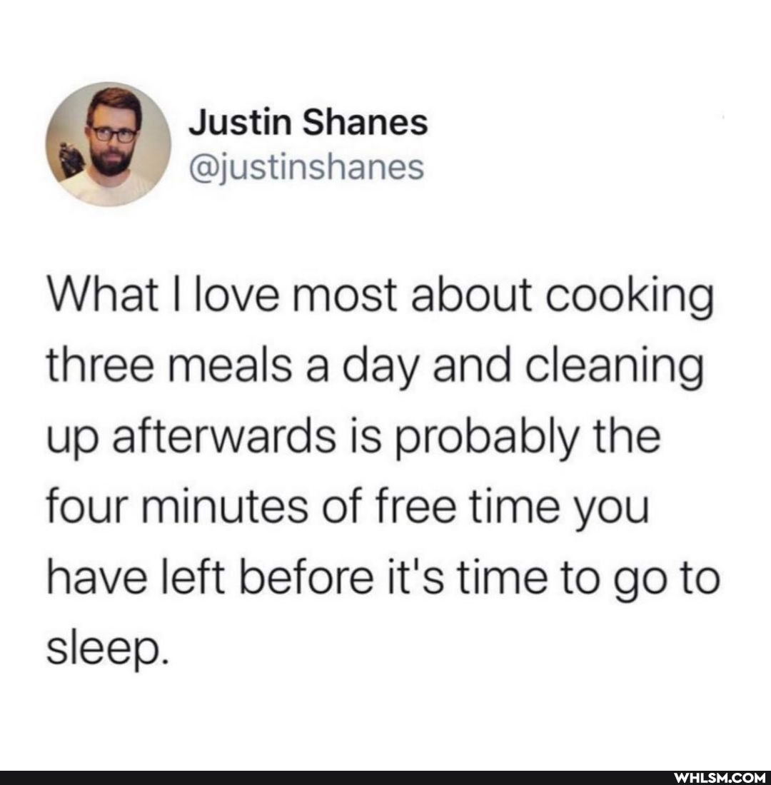 Justin Shanes
@justinshanes
What I love most about cooking three meals a day and cleaning up afterwards is probably the four minutes of free time you have left before it's time to go to sleep.