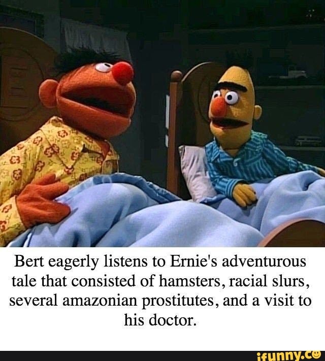Bert eagerly listens to Ernie's adventurous
tale that consisted of hamsters, racial slurs,
several amazonian prostitutes, and a visit to his doctor.