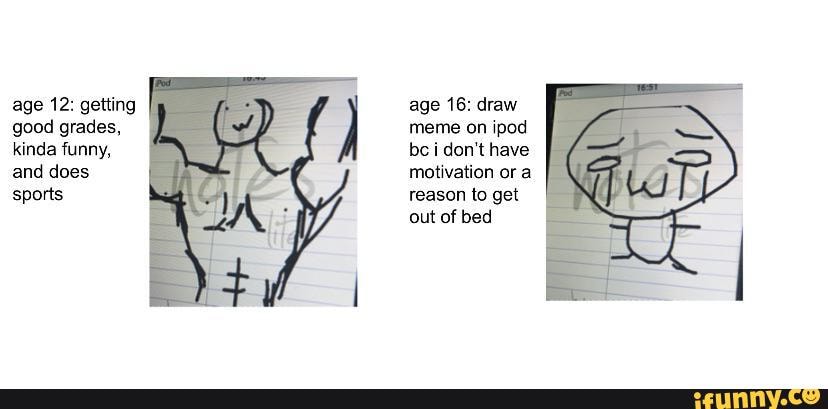 Age 12 Getting Good Grades Kinda Funny And Does Sports Age 16 Draw Meme On Ipod Be I Don T Have Motivation Or A Reason To Get Out Of Bed