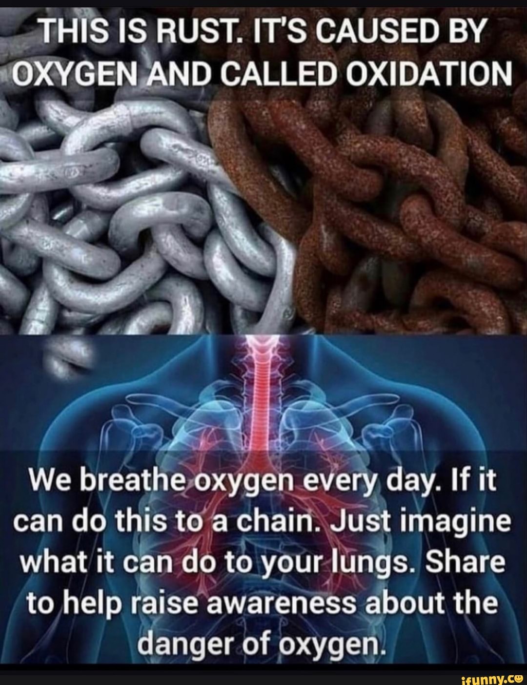 THIS IS RUST, IT'S CAUSED BY OXYGEN AND CALLED OXIDATION
We breathe oxygen every day.
can do this to chain. Just imagine what it can do to your lungs. Share to help raise awareness about the danger of oxygen.