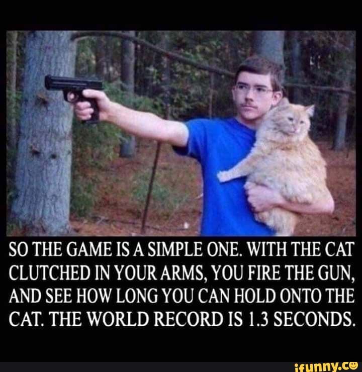 SO THE GAME IS A SIMPLE ONE. WITH THE CAT CLUTCHED IN YOUR ARMS, YOU FIRE THE GUN, AND SEE HOW LONG YOU CAN HOLD ONTO THE CAT. THE WORLD RECORD IS 1.3 SECONDS.