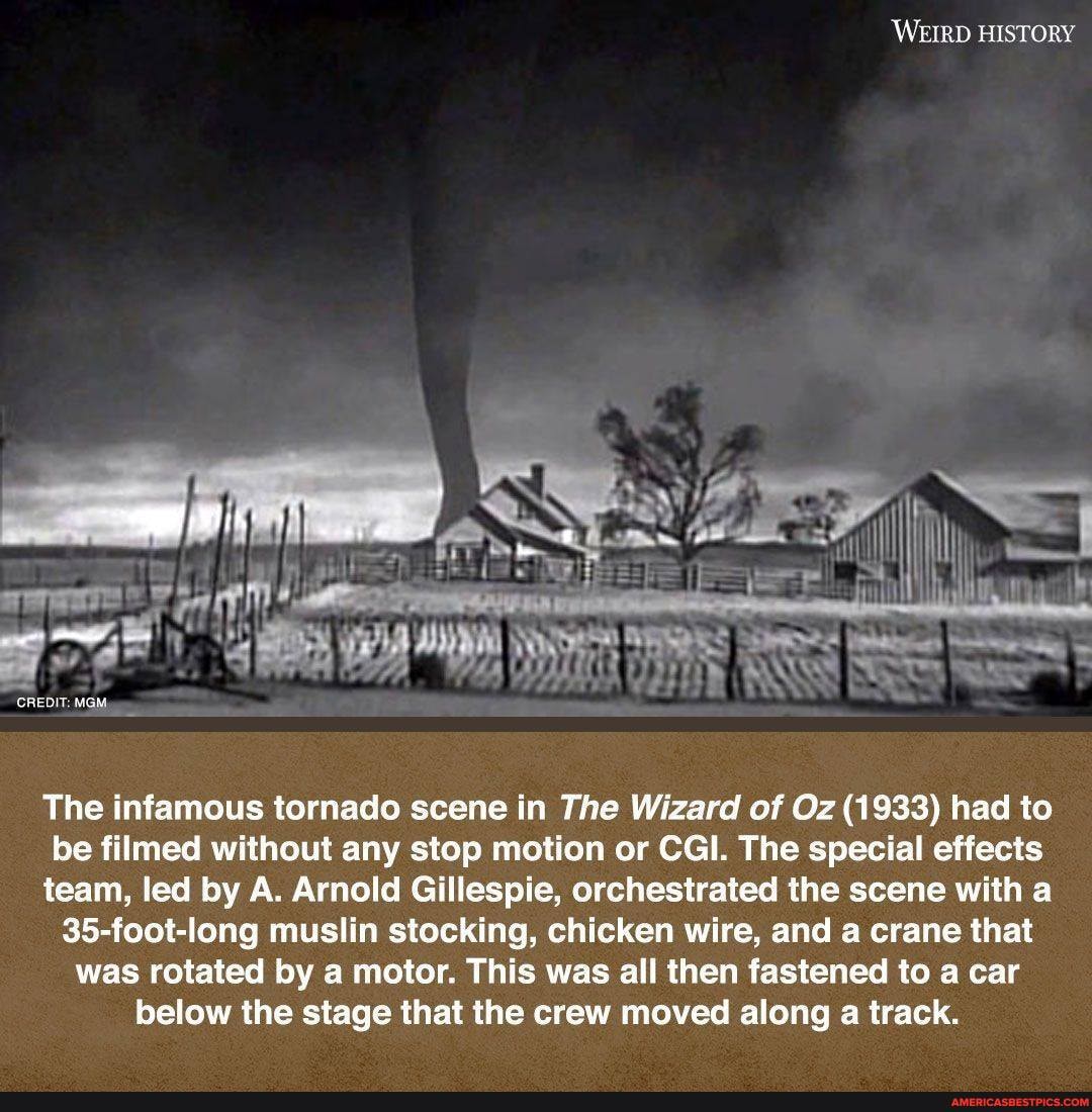 WEIRD HISTORY
We
CREDIT: MGM,
by
The infamous tornado scene in The Wizard of Oz (1933) had to be filmed without any stop motion or CGI. The special effects team, led by A. Arnold Gillespie, orchestrated the scene with a
35-foot-long muslin stocking, chicken wire, and a crane that was rotated by a motor. This was all then fastened to a car below the stage that the crew moved along a track.