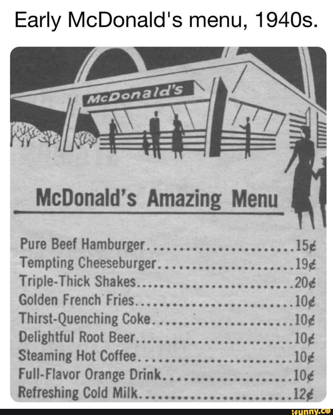 Early McDonald's menu, 1940s. McDonald's Amazing Menu Pure Beef ...