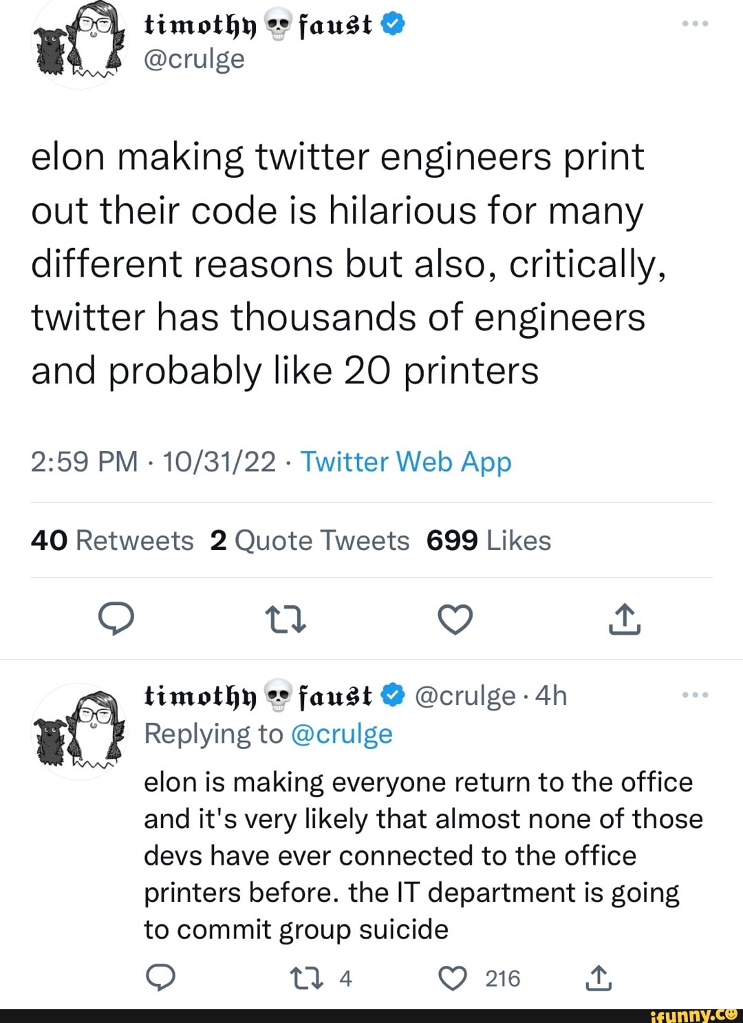 Elon making twitter engineers print out their code is hilarious for