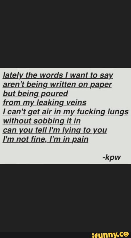 Iately the words I want Io say
aren't -being written on p_ap_er
but being poured
from my Ieaking veins
I can't get air in my fuckingMgg
without sobbing_ ir 'n
I'm not fine I'm in pain