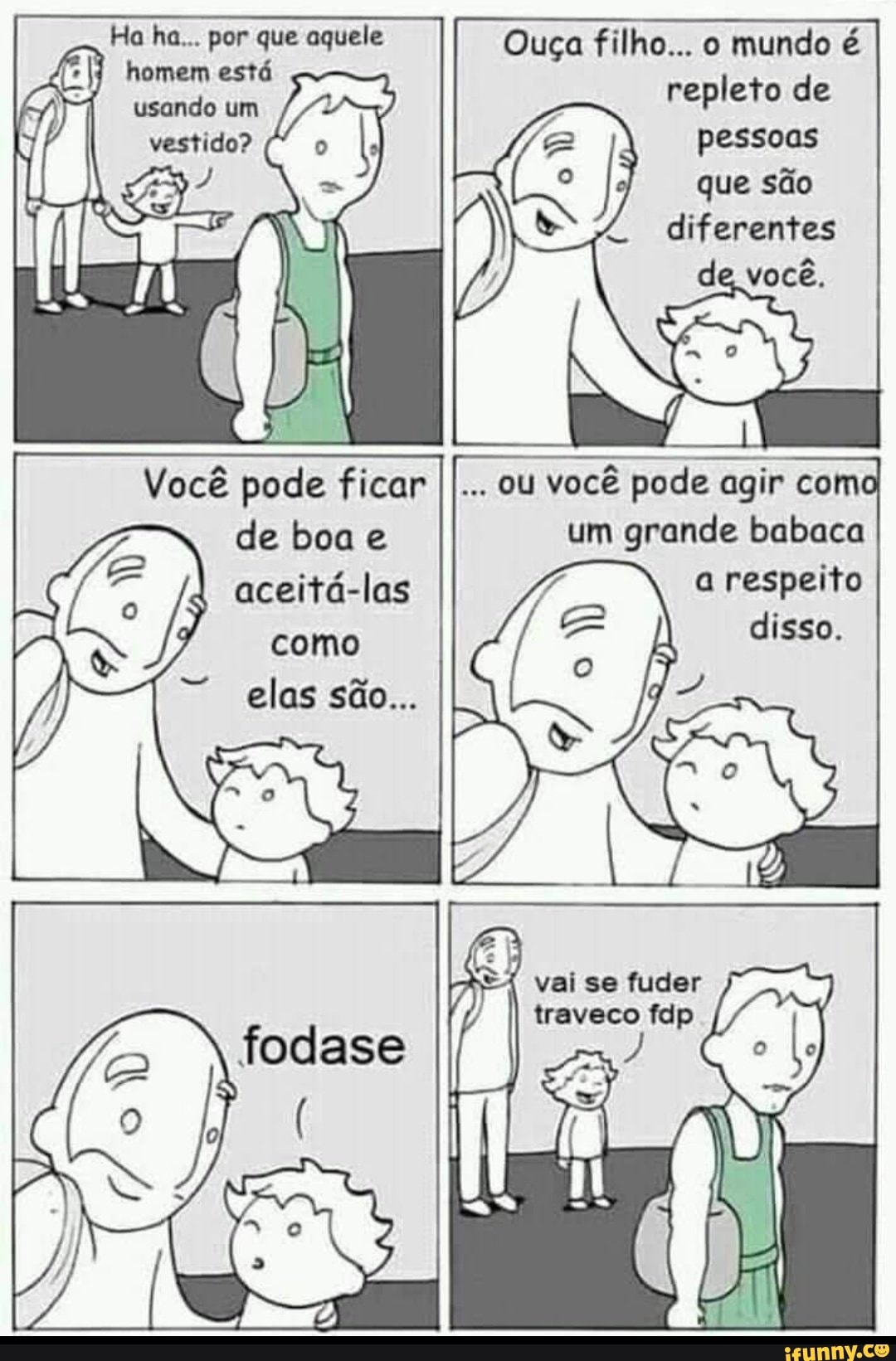 Ha ha... por que aquele
homem está
Você pode ficar
de boa e
aceitá-las
Ouça filho... o mundo é
repleto de
pessoas
que são
diferentes
OU você pode agir como
um grande babaca
a respeito