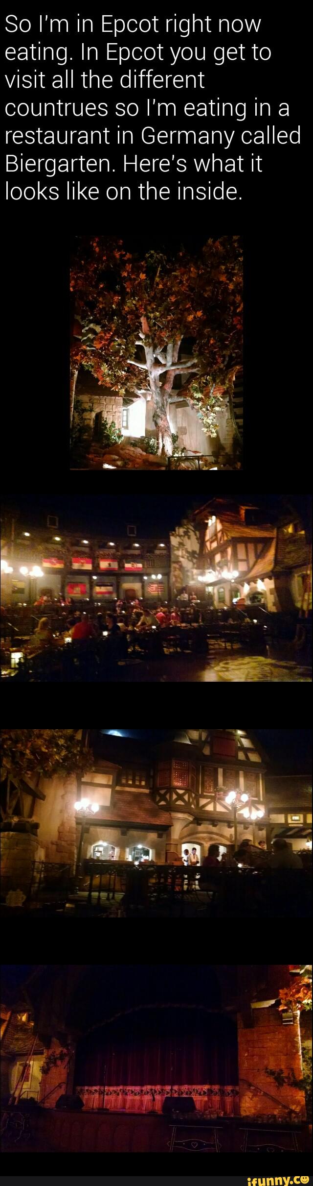 So I'm in Epcot right now
eating. In Epcot you get to
visit all the different
countrues so I'm eating in a
restaurant in Germany called
Biergarten. Here's what it
looks like on the inside.