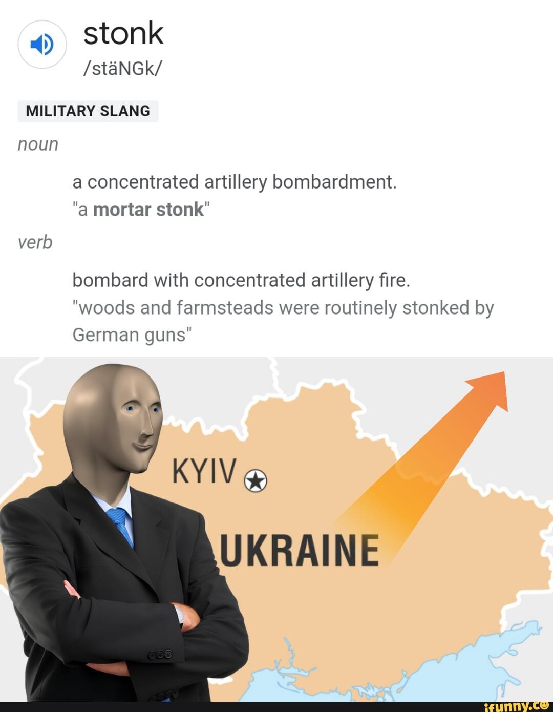 4) stonk /staNGk/ MILITARY SLANG noun a concentrated artillery bombardment. "a mortar stonk