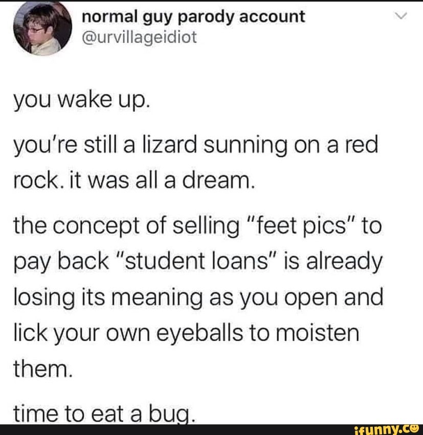 normal guy parody account
@urvillageidiot you wake up.
you're still a lizard sunning on a red rock. it was all a dream.
the concept of selling "feet pics" to pay back "student loans" is already losing its meaning as you open and lick your own eyeballs to moisten them.
time to eat bug.