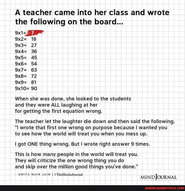A teacher came into her class and wrote the following on the board...
27
45
63
72
9x10= 90
When she was done, she looked to the students and they were ALL laughing at her for getting the first equation wrong.
The teacher let the laughter die down and then said the following, wrote that first one wrong on purpose because I wanted you to see how the world will treat you when you mess up.
I got ONE thing wrong. But I wrote right answer 9 times.
This is how many people in the world will treat you.
They will criticize the one wrong thing you do and skip over the million good things you've done."
SMITA NAIR JAIN I I'TheMindsJournal
MINDIJOURNAL