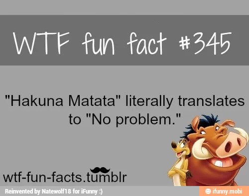 WTF fun fact #245
"Hakuna Matata" literally E
to "No problem."
wtf-fun-facts.tamblr