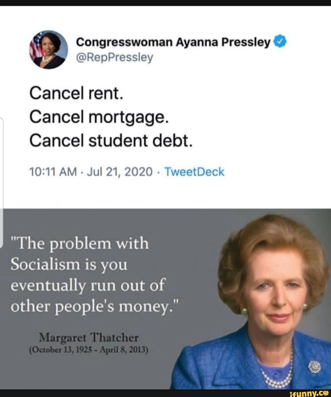 @RepPressley Congresswoman Ayanna Pressley Cancel rent. Cancel mortgage