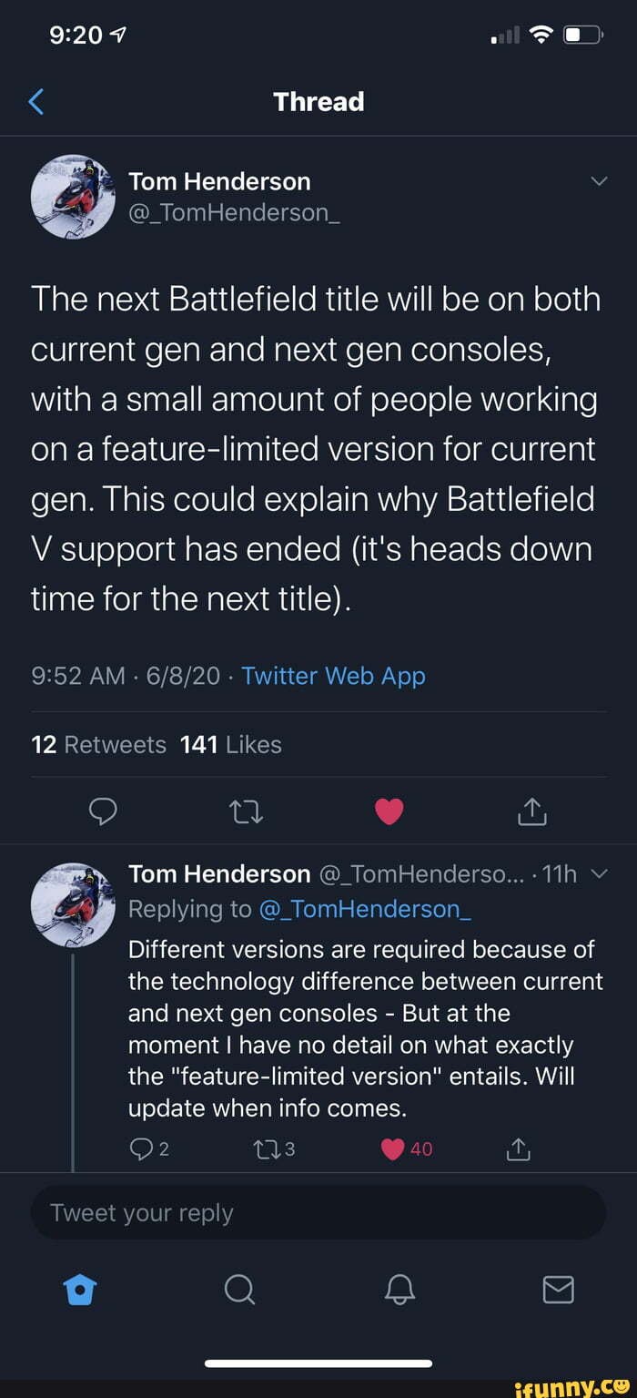 Tom Henderson The next Battlefield title will be on both current gen
