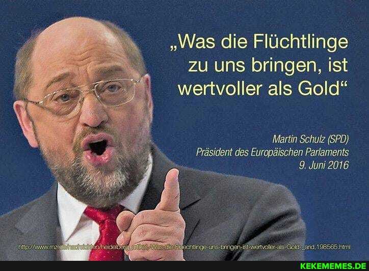 "Was die Flüchtlinge zu uns bringen, ist wertvoller als Gold"
Martin Schulz (SPD)
'Präsident des Europäischen Parlaments.
9. Juni 2016
inoe Bringen- Kifwertvokrals 198565 .html