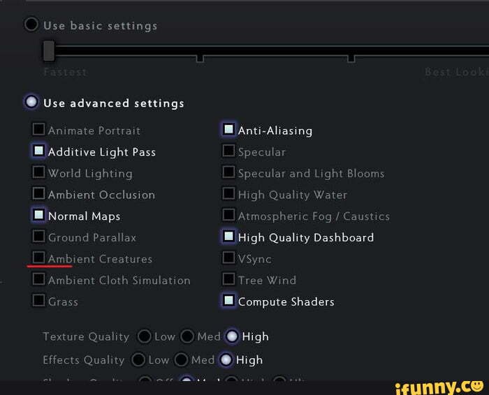 Use basic settings Use advanced settings Animate Portrait AntiAliasing Additive Light Pass