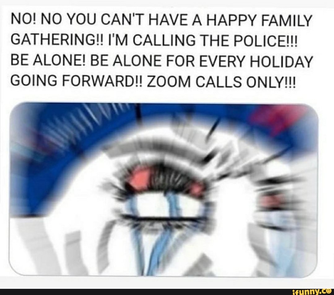 NO! NO YOU CAN'T HAVE A HAPPY FAMILY GATHERING!! I'M CALLING THE POLICE!!!
I BE ALONE! BE ALONE FOR EVERY HOLIDAY GOING FORWARD!! ZOOM CALLS ONLY!!!