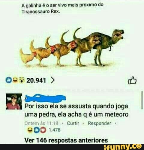 A galinha é o ser vivo mais próximo do
Tiranossauro Rex.
Por isso ela se assusta quando joga
uma pedra, ela acha q é um meteoro
Ontem és 11:18 Curtir Responder SOO 1.478
Ver 146 respostas anteriores
