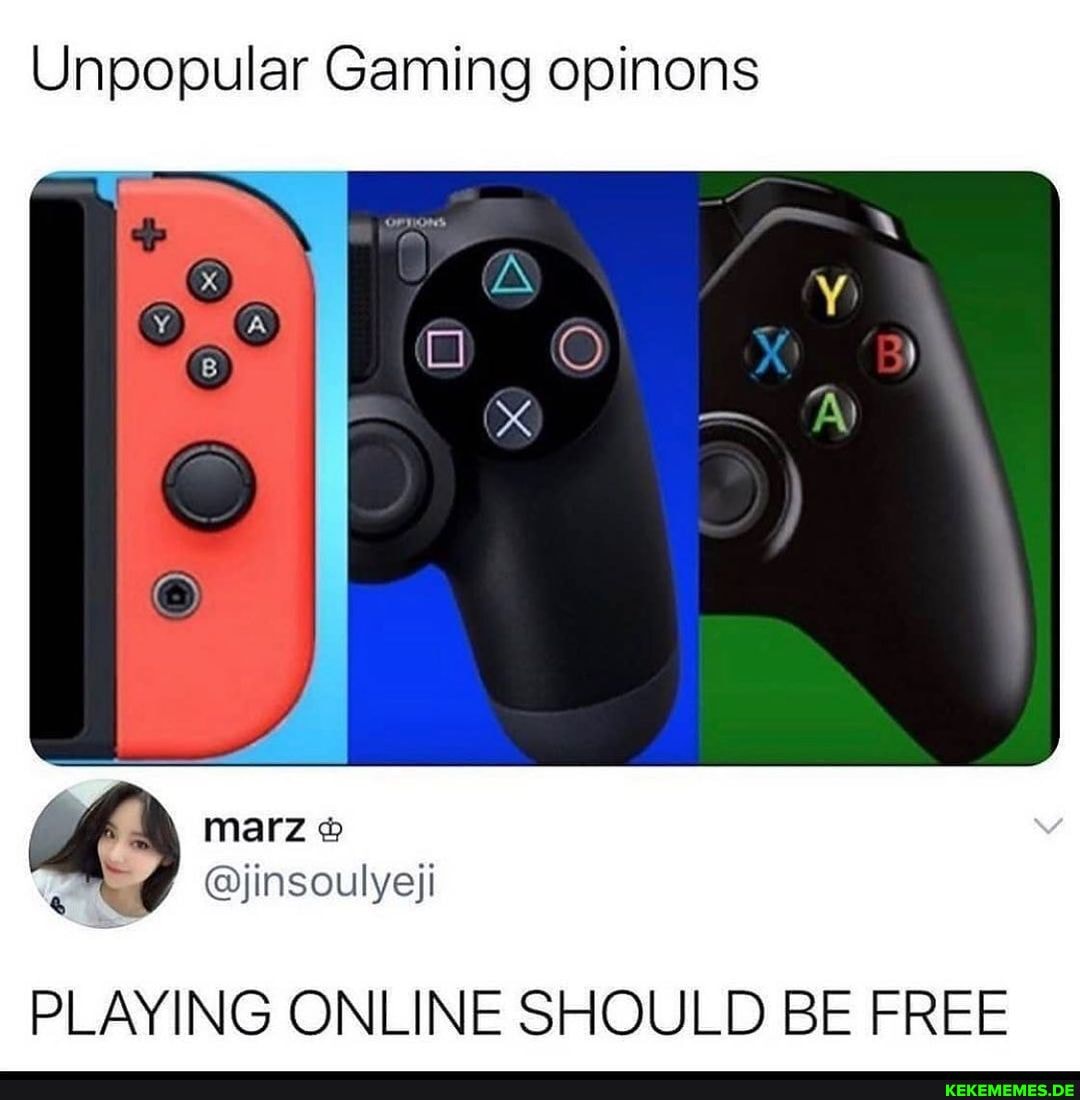Unpopular Gaming opinons
@jinsoulyefi
PLAYING ONLINE SHOULD BE FREE