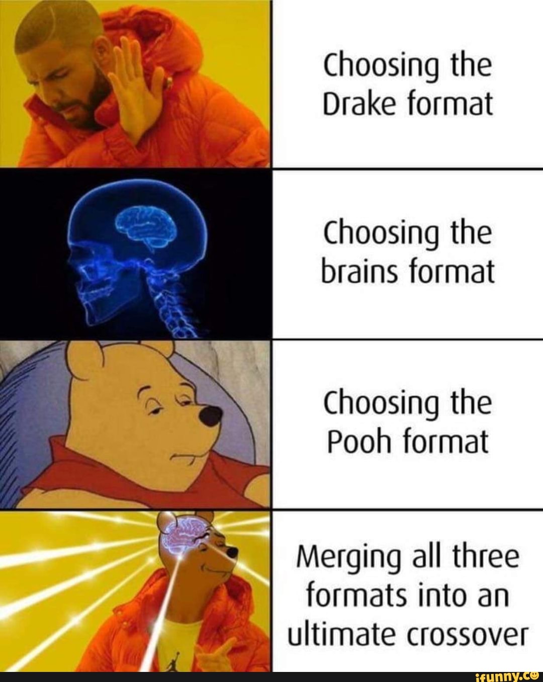Choosing the
Drake format
Choosing the
brains format
Choosing the
Pooh format
~I Merging all three
I
formats into an
ll ultimate crossover