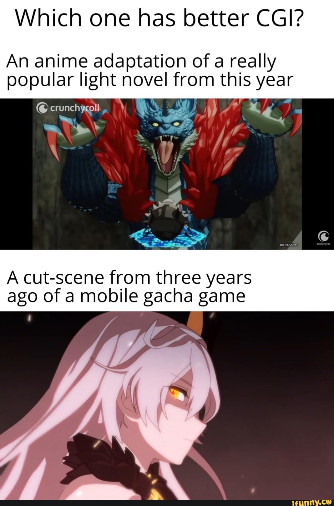 Which One Has Better Cgi An Anime Adaptation Of A Really Popular Light Novel From This Year A Cut Scene From Three Years Ago Of A Mobile Gacha Game